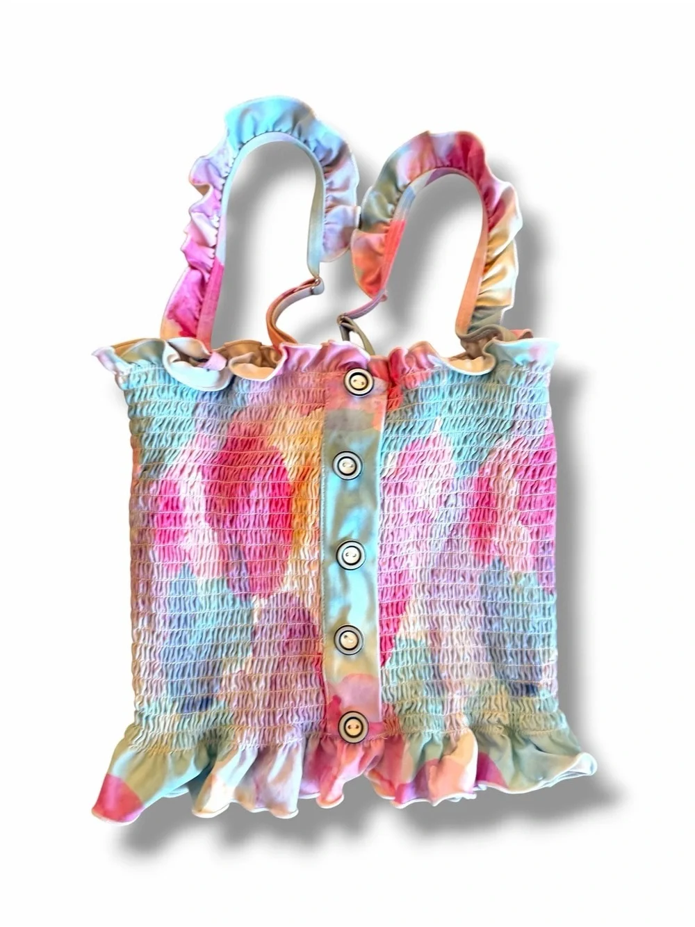 RAD swim Betsey Smocked Tankini Top tank rainbow lined tie-up corset style swim